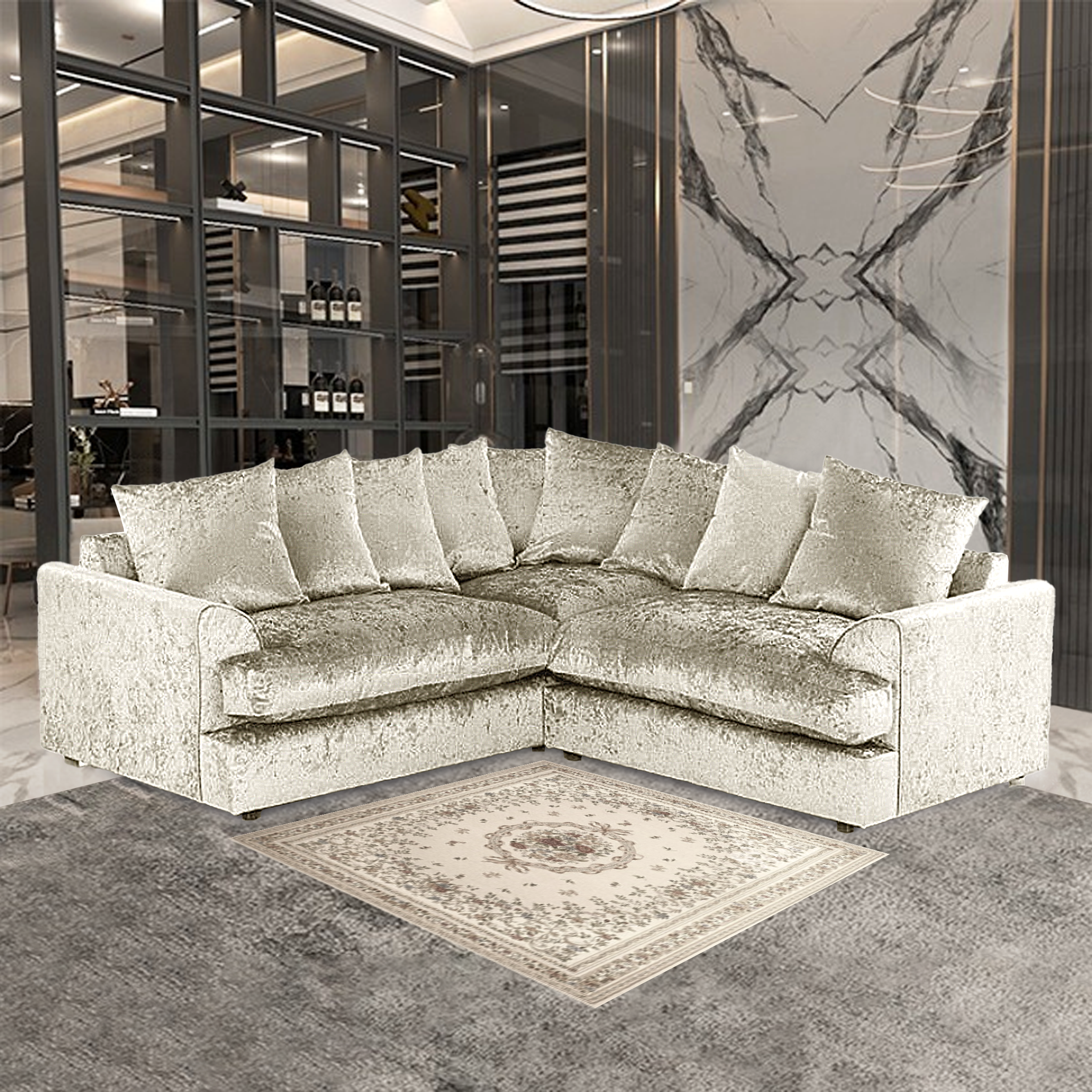 DYLAN CRUSH VELVET WIDE ARMREST 5 SEATER WITH FOOTSTOOL – CLASSIC CORNER SOFA