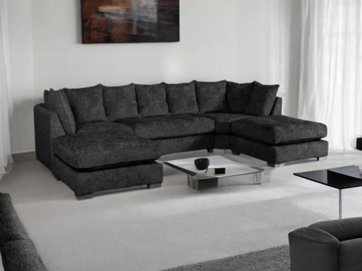 London U Shape Corner in Black Luxury Chenille