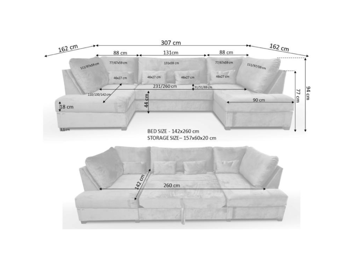 Meri U Shape Sofa Bed with Storage Black Plush Velvet
